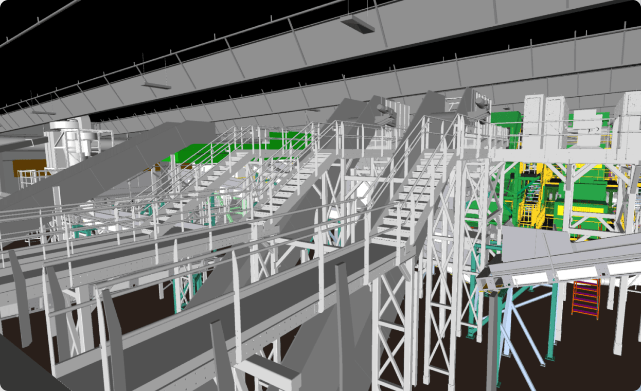 3D BIM model rendering of an industrial facility interior, showing multiple elevated steel platforms, staircases, and conveyor structures under a sloped ceiling with exposed utilities.