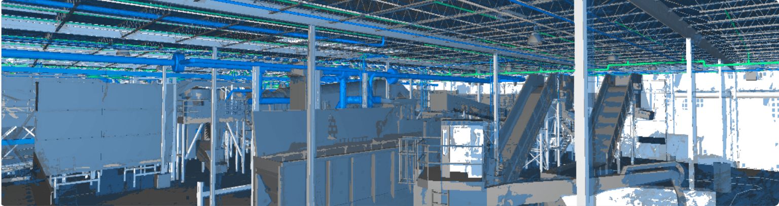 Interior digital point-cloud model of an industrial facility showing blue overhead piping, steel support columns, and conveyor equipment.