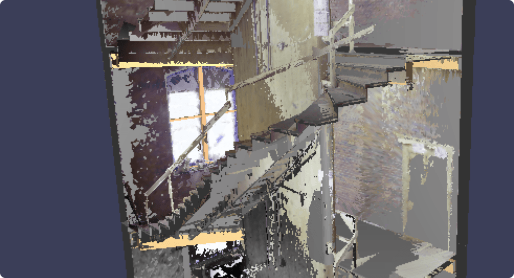 Point-cloud of twin spiral staircases in 19th-century mill