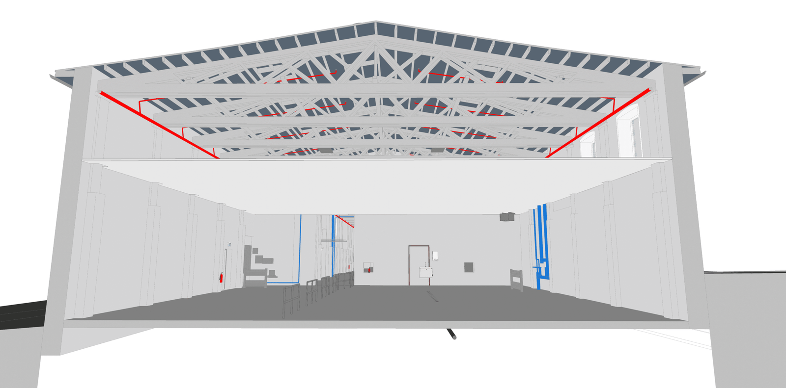 Digital twin overlay highlighting utility runs and structural elements at FEAST Food Works facility