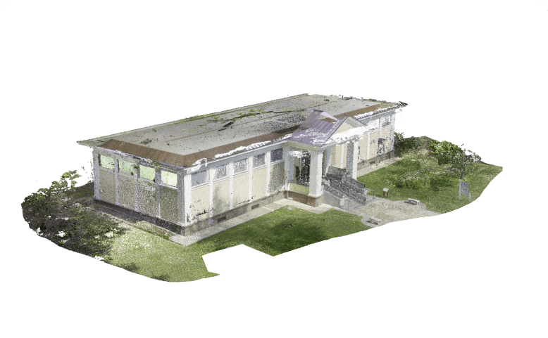 3D point cloud rendering of the Libby Museum of Natural History exterior, showing a single-story historic building with columns at the entrance, grassy lawn, and surrounding foliage.