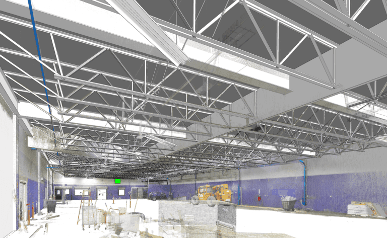 Interior BIM perspective focusing on steel beams and grid layout at Mint Gaming.