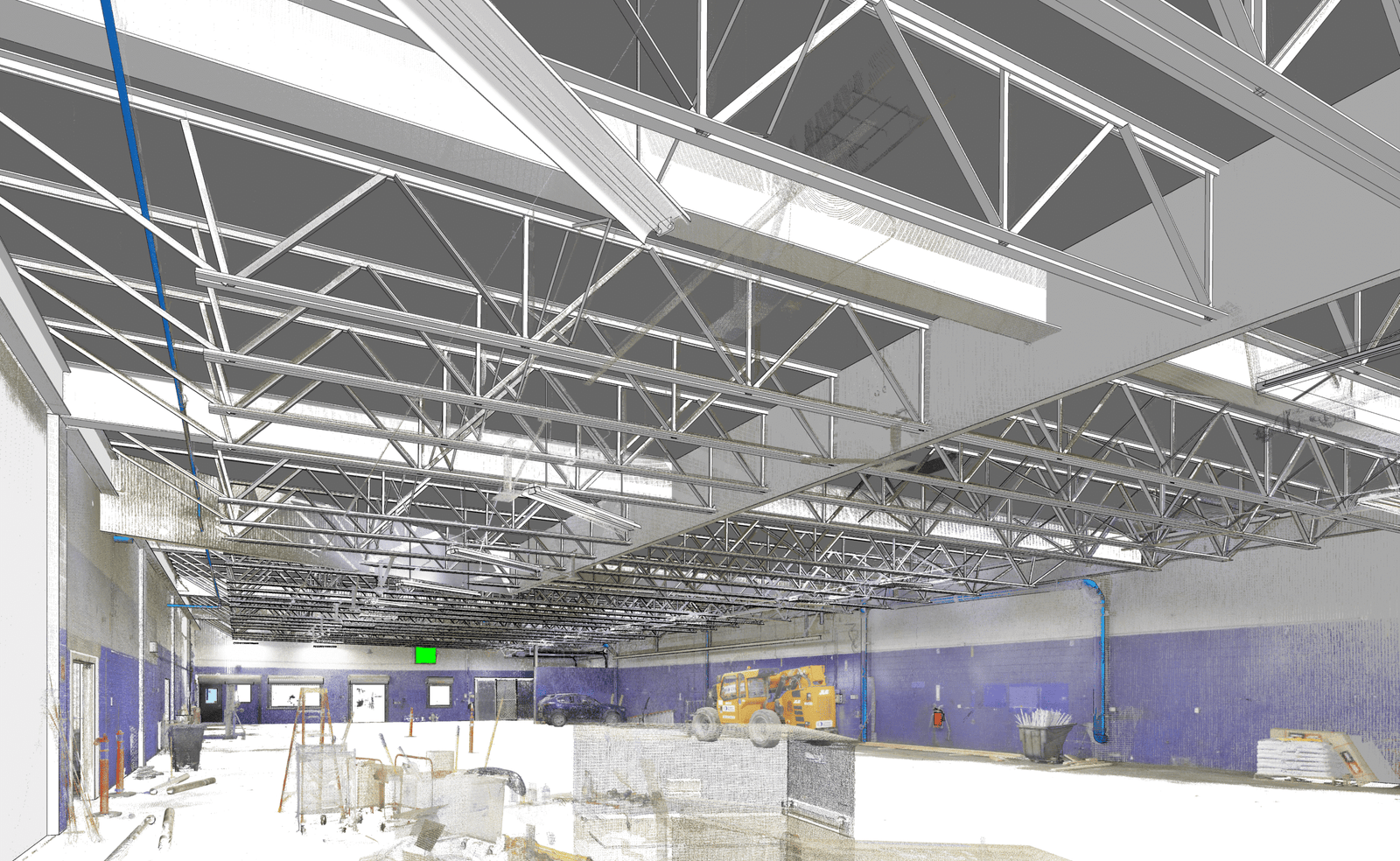Interior BIM perspective focusing on steel beams and grid layout at Mint Gaming.