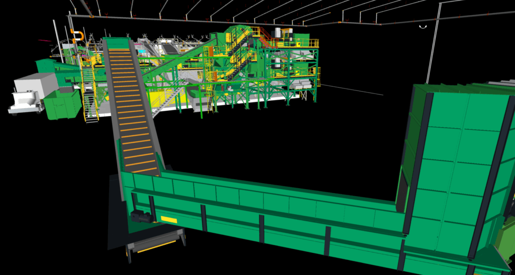 Colourised BIM model overlay showing conveyor system