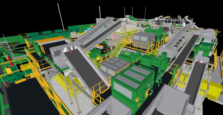 LiDAR tripod capturing conveyor belts inside recycling plant