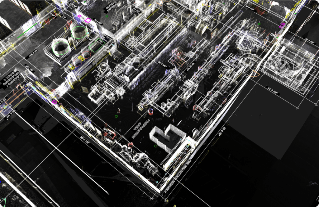 Top-down view of an industrial facility’s point-cloud scan overlaid with white wireframe schematics, colored annotation dots, and dimensional callouts