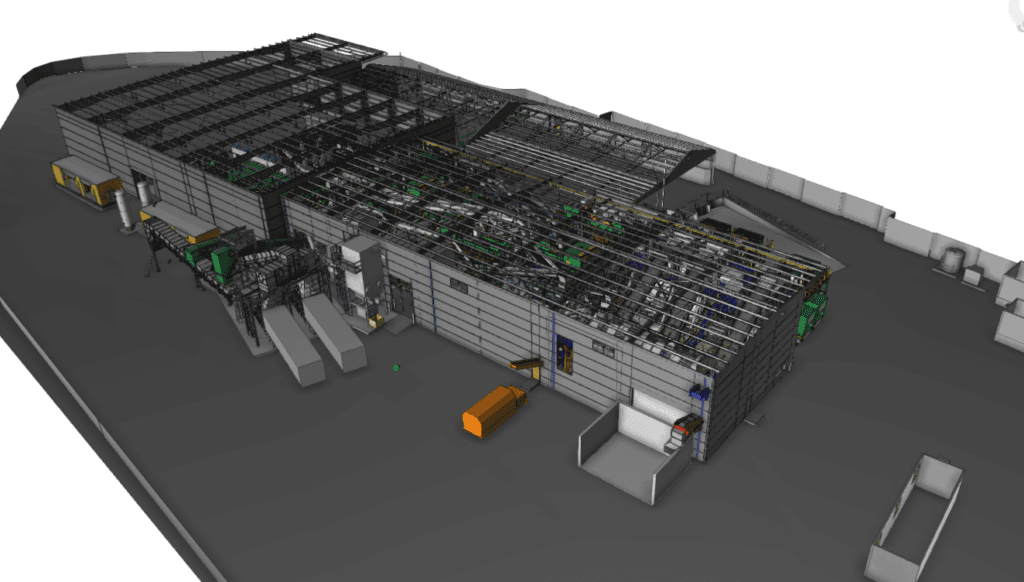 Detailed 3D BIM model rendering of an industrial facility layout for spatial and operational planning
