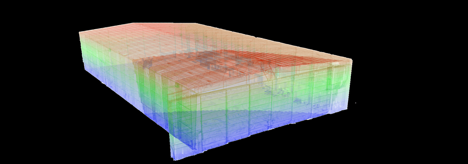 Gradient-colored 3D heatmap of a facility floorplan derived from point cloud data