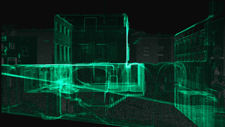 Neon-green wireframe 3D laser scan of a construction site exterior highlighting structural safety details