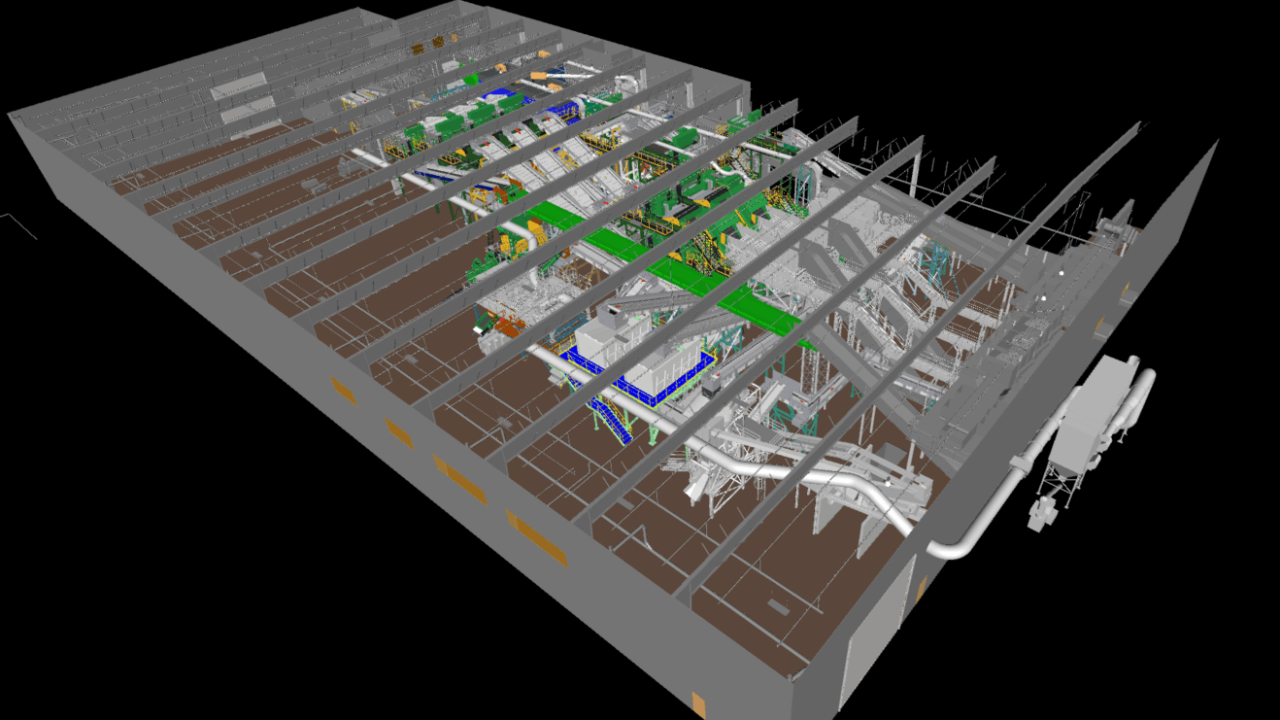 Scan-to-BIM model of California MRF showing structural steel and equipment layout