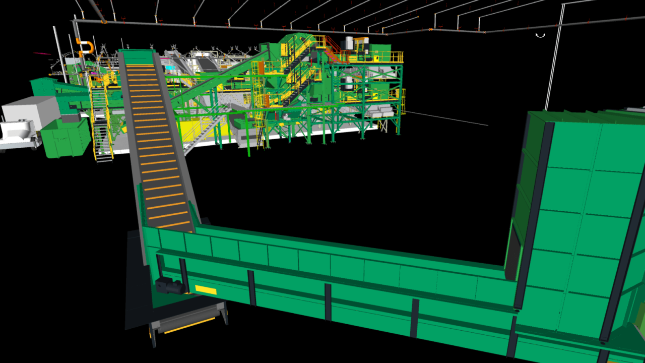 Colourised BIM model overlay showing conveyor system